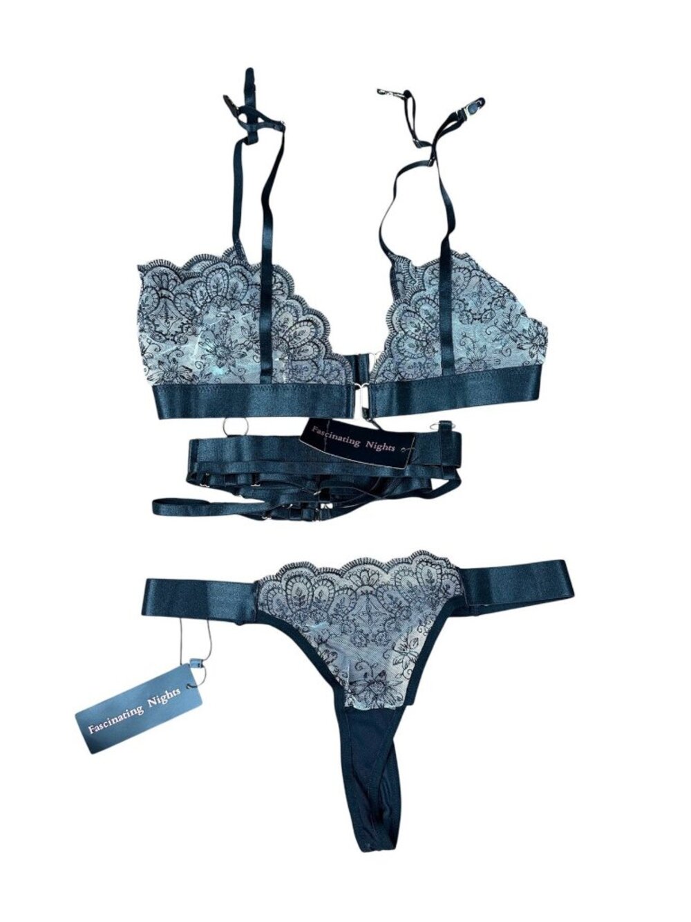 Fascinating Nights Sidonie Black Lace Bralette Garter Belt Thong Lingerie Set M